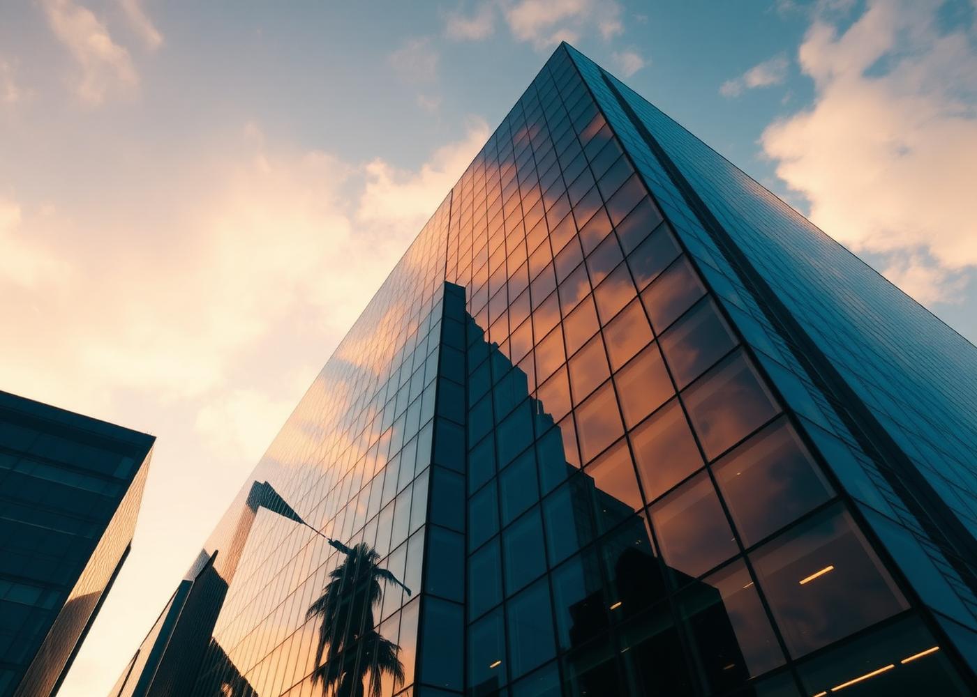 A glass office building photographed from below at golden hour